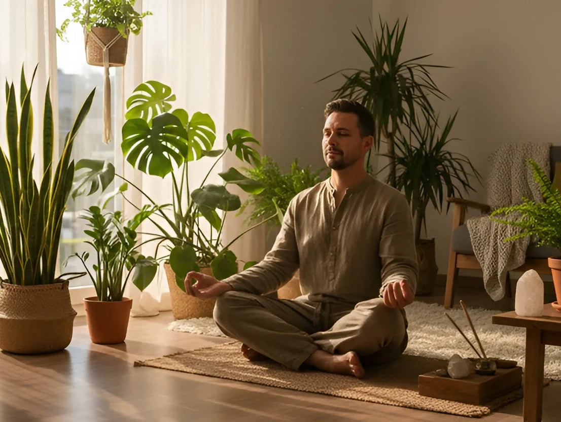 A Mache-inspired Zen Den with lush indoor plants, natural light, and a peaceful meditation corner for daily rituals.