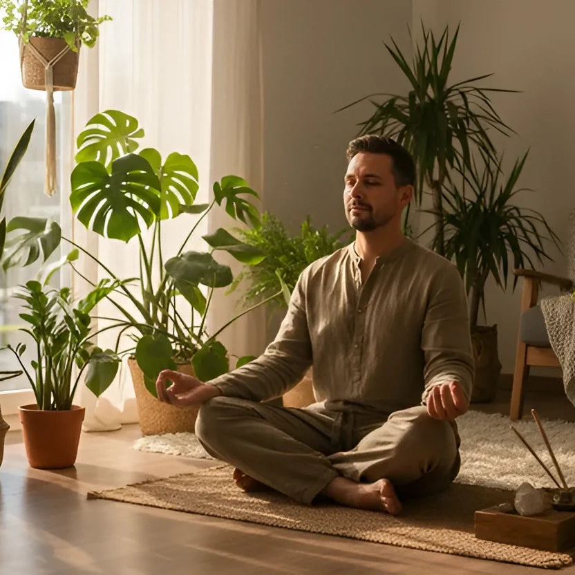 A Mache-inspired Zen Den with lush indoor plants, natural light, and a peaceful meditation corner for daily rituals.