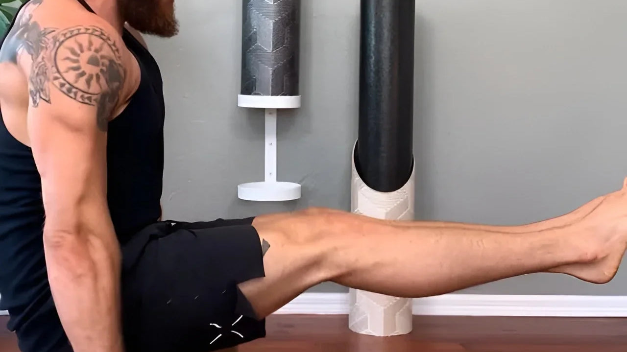 A man doing yoga on Mache yoga blocks and a mat stored in a Mache tube, simplifying a two-prop morning stretch routine.