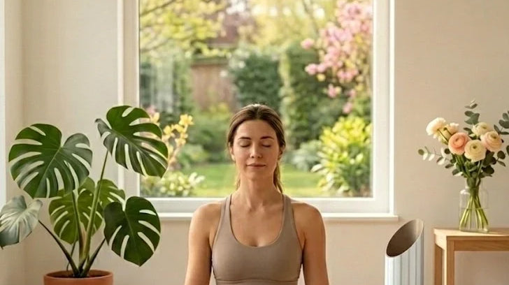A woman meditates on a yoga mat in a bright, plant-filled room, creating a calming wellness space at home.