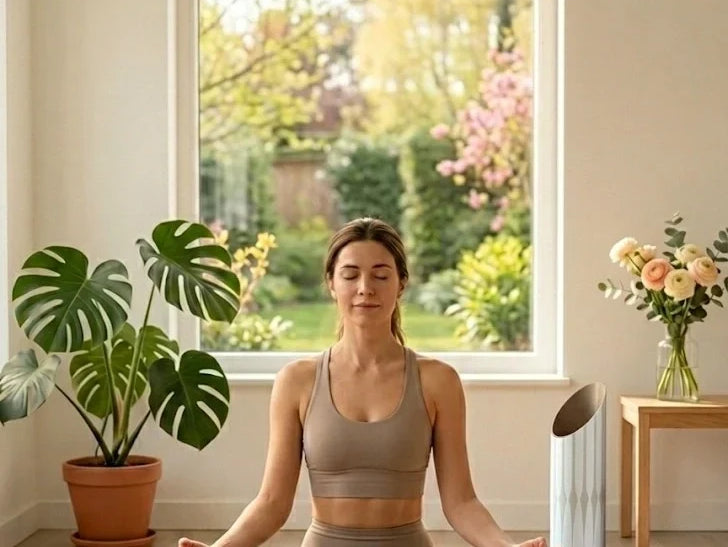 A woman meditates on a yoga mat in a bright, plant-filled room, creating a calming wellness space at home.