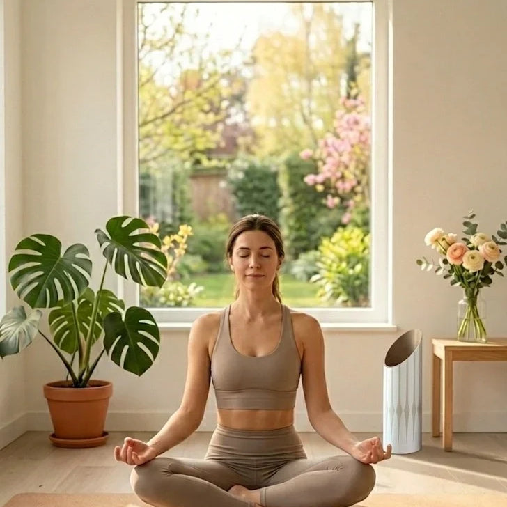 A woman meditates on a yoga mat in a bright, plant-filled room, creating a calming wellness space at home.