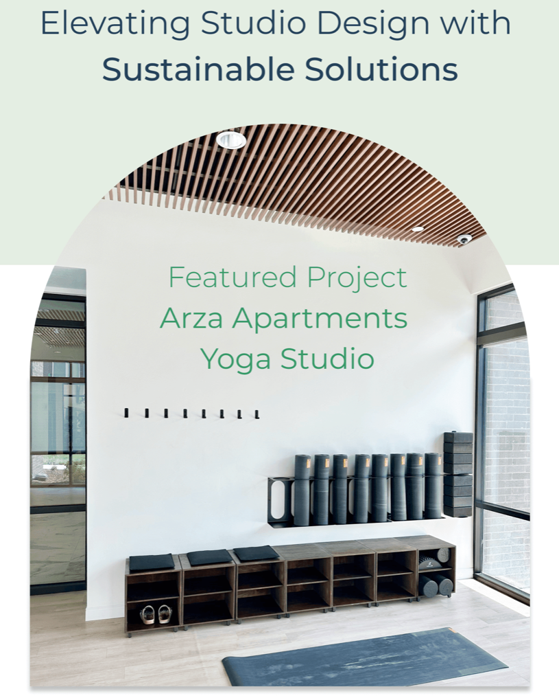 Yoga studio interior with sustainable design elements, featuring text about Arza Apartments and sustainable solutions.