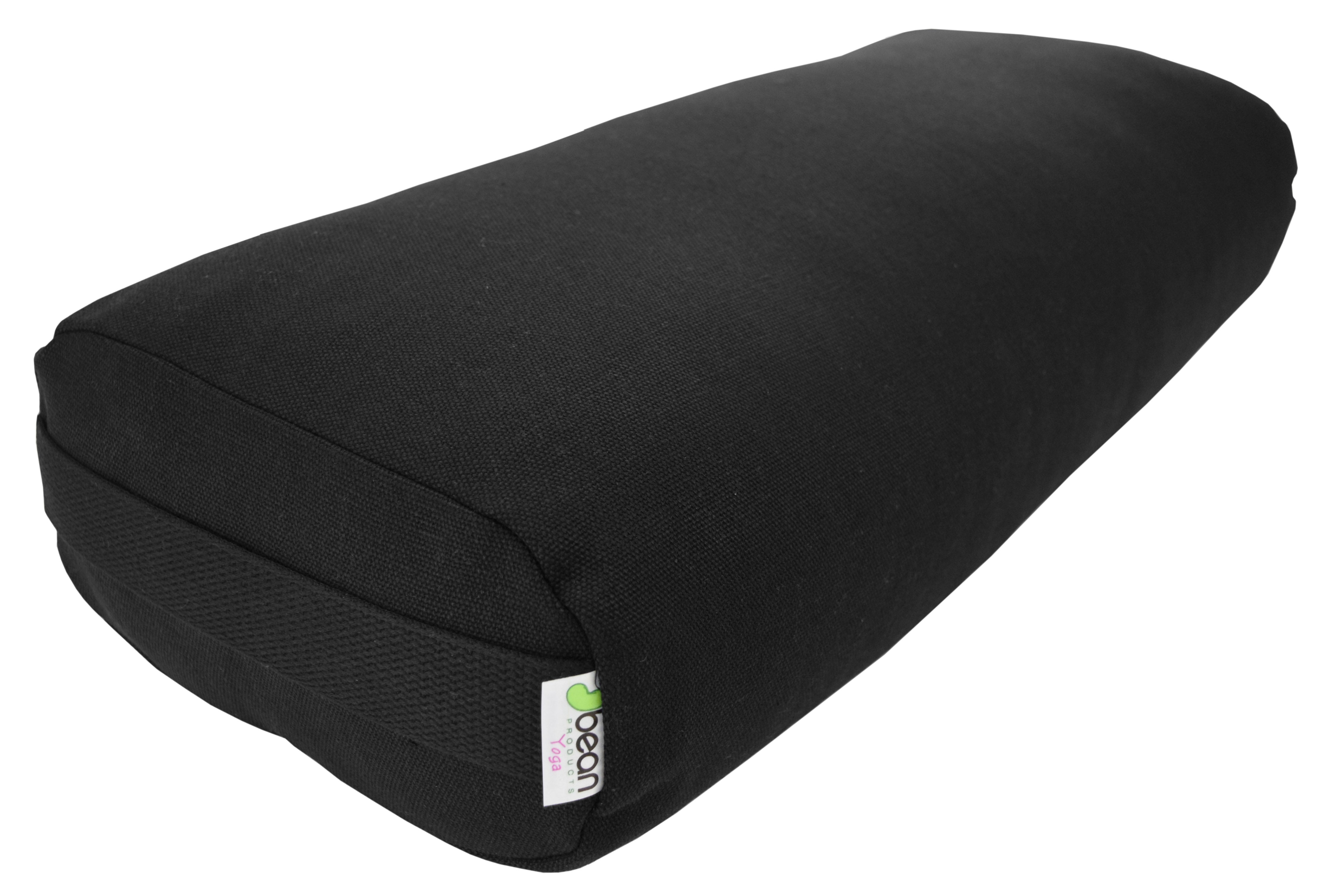 Black yoga bolster with a brand label on a white background