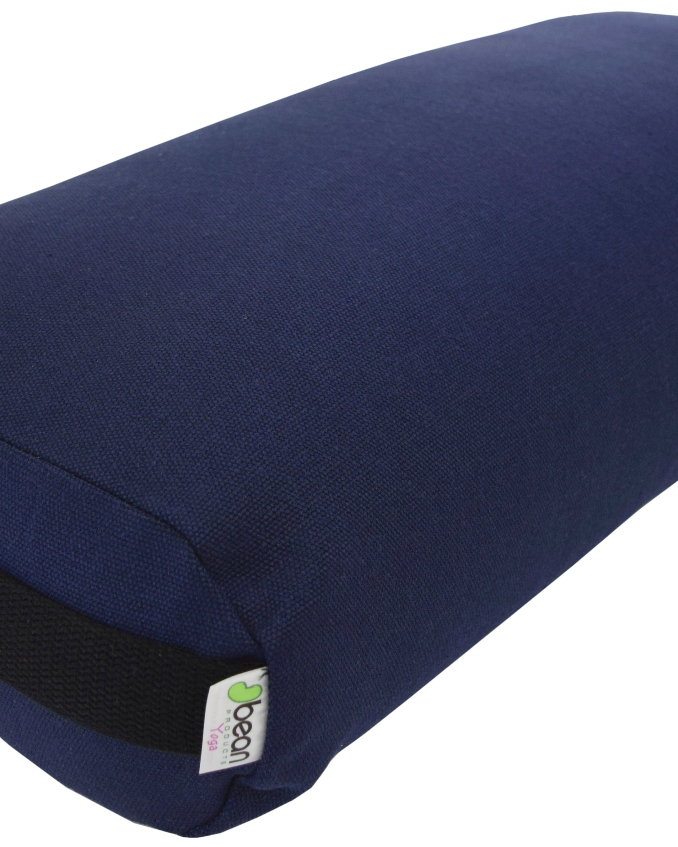 Navy blue yoga bolster with a brand logo on a white background