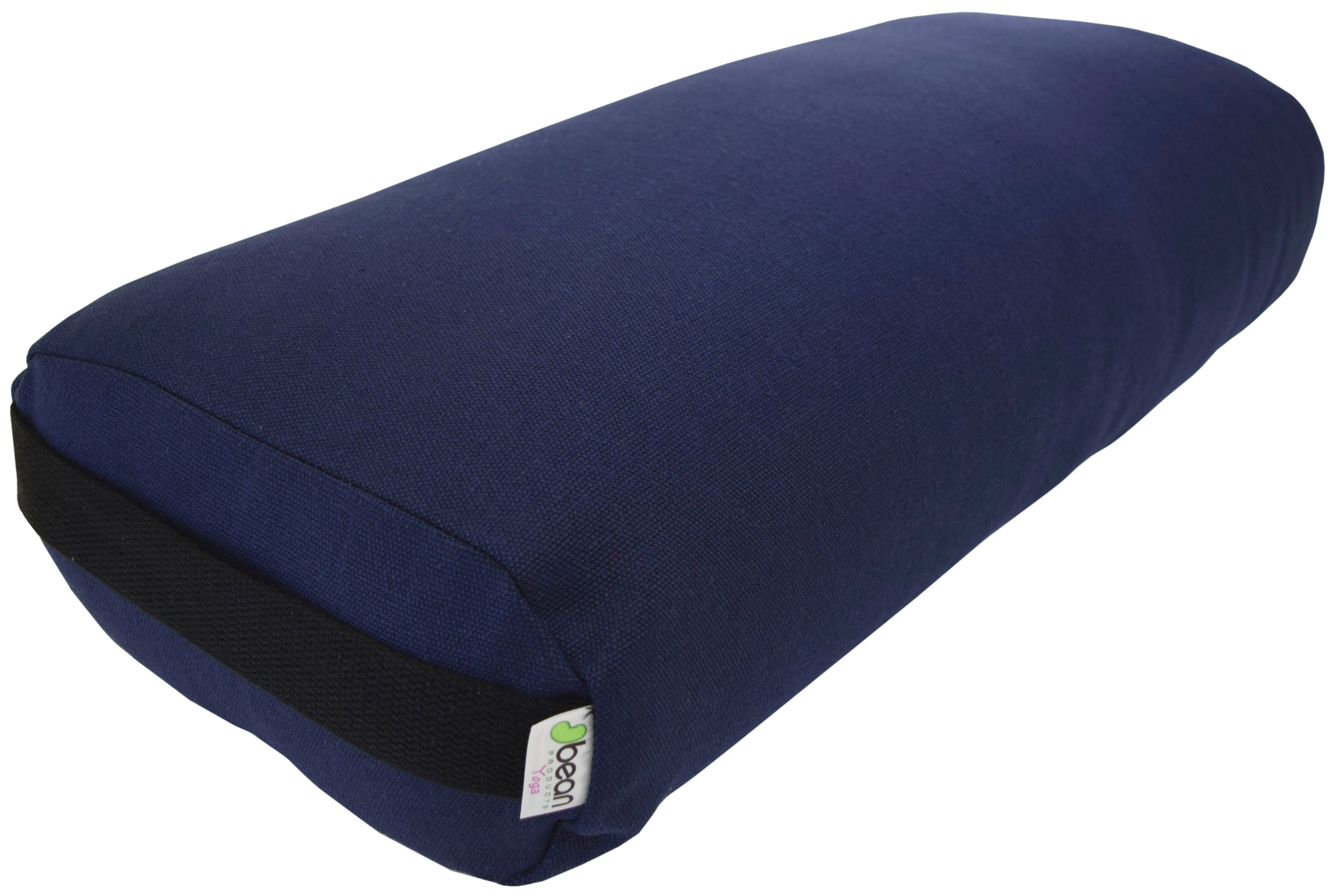 Navy blue yoga bolster with a brand logo on a white background