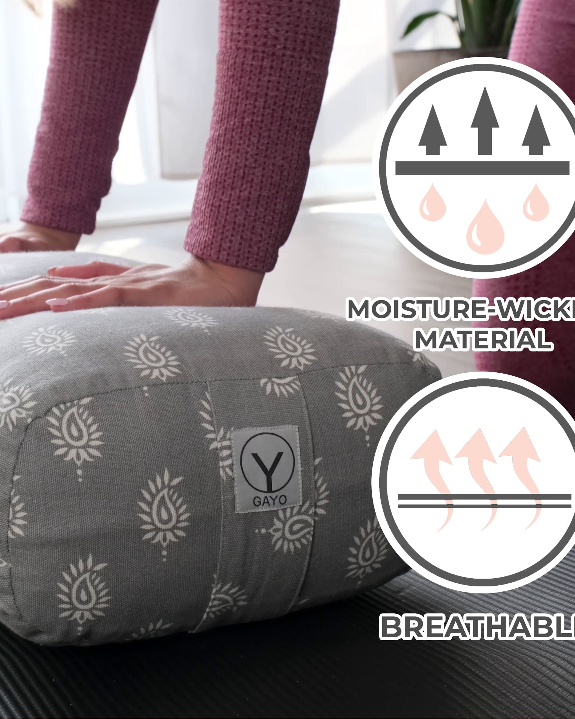 Yoga bolster with moisture-wicking material and breathable properties, featuring the GAYO brand.
