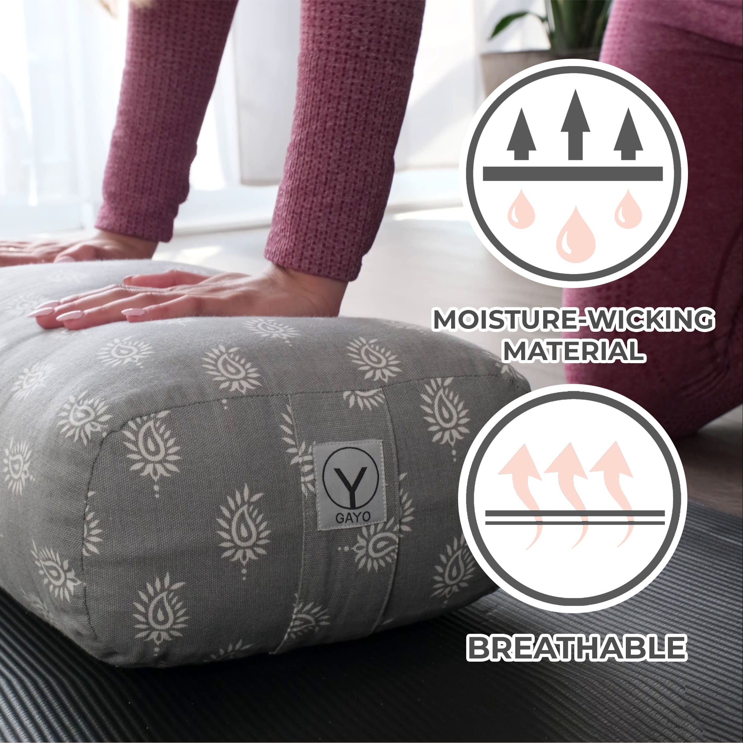 Yoga bolster with moisture-wicking material and breathable properties, featuring the GAYO brand.