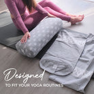Person using a yoga bolster on a mat with text 'Designed to fit your yoga routines'.