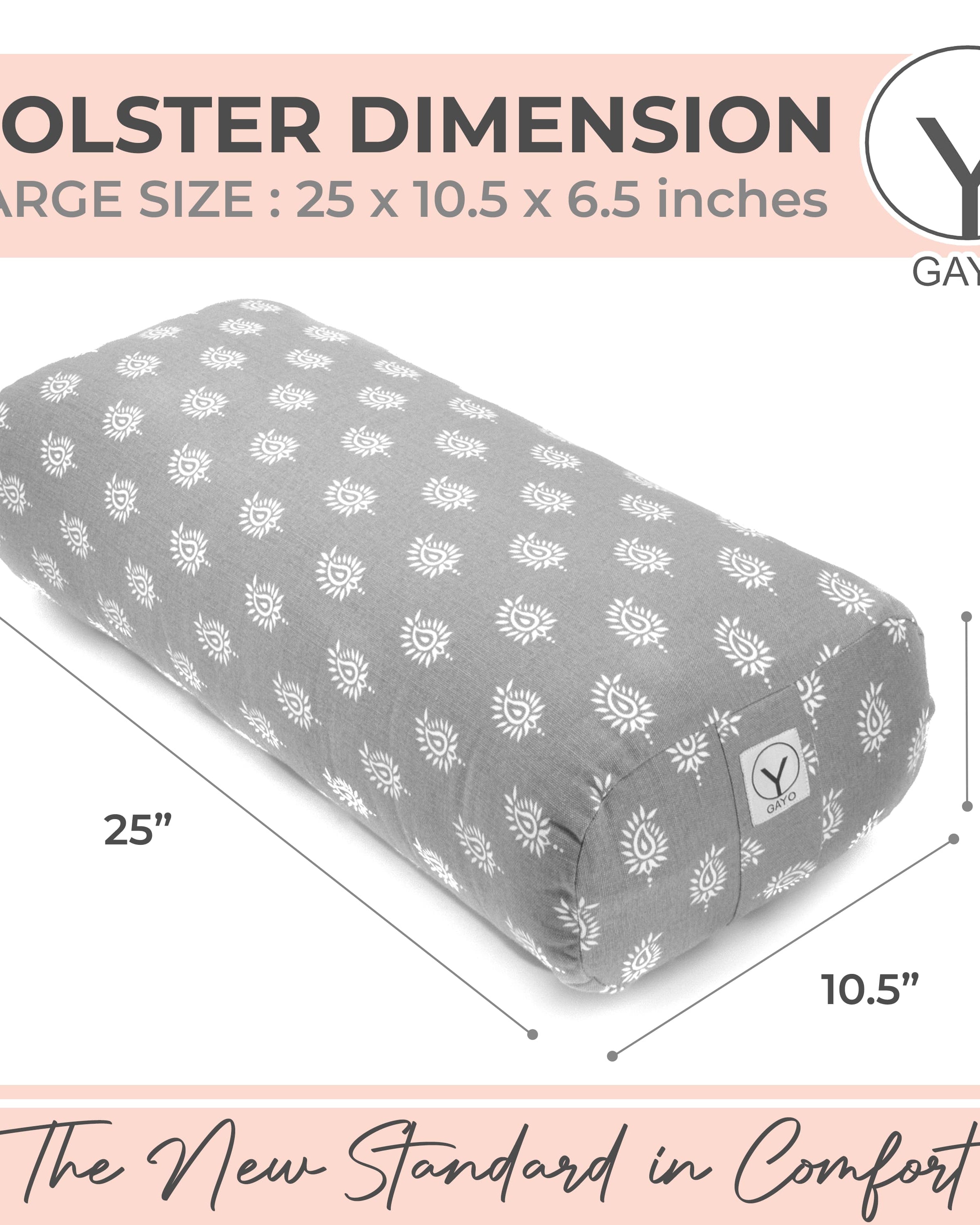 Gray bolster pillow with white patterns and dimensions on a pink background
