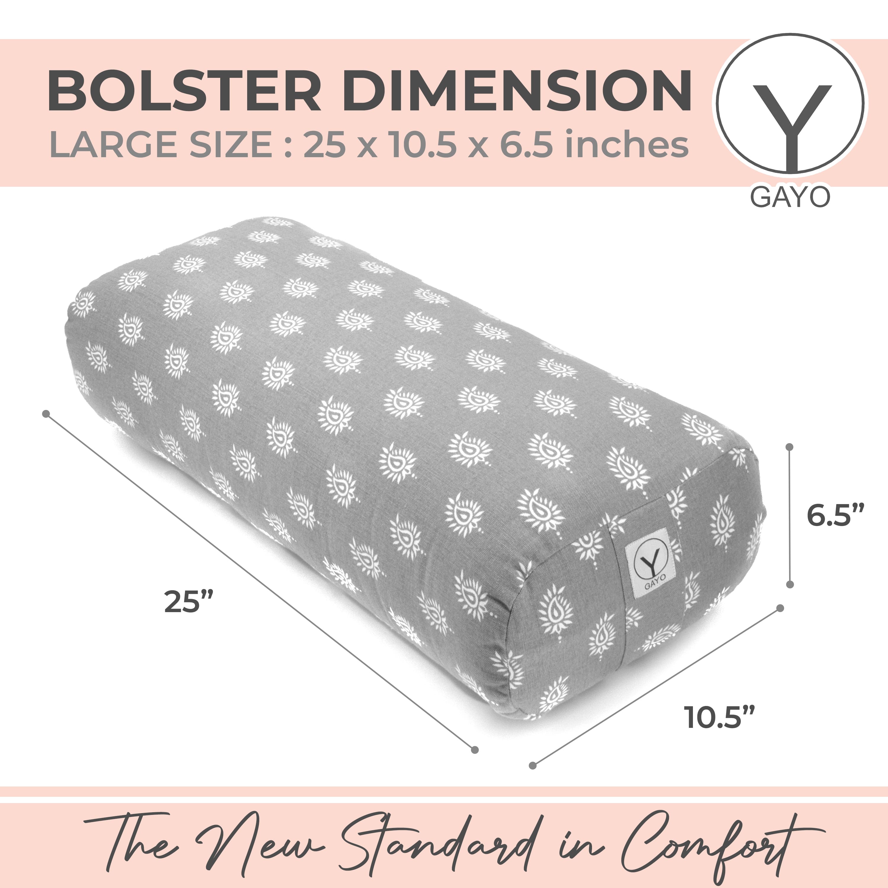 Gray bolster pillow with white patterns and dimensions on a pink background