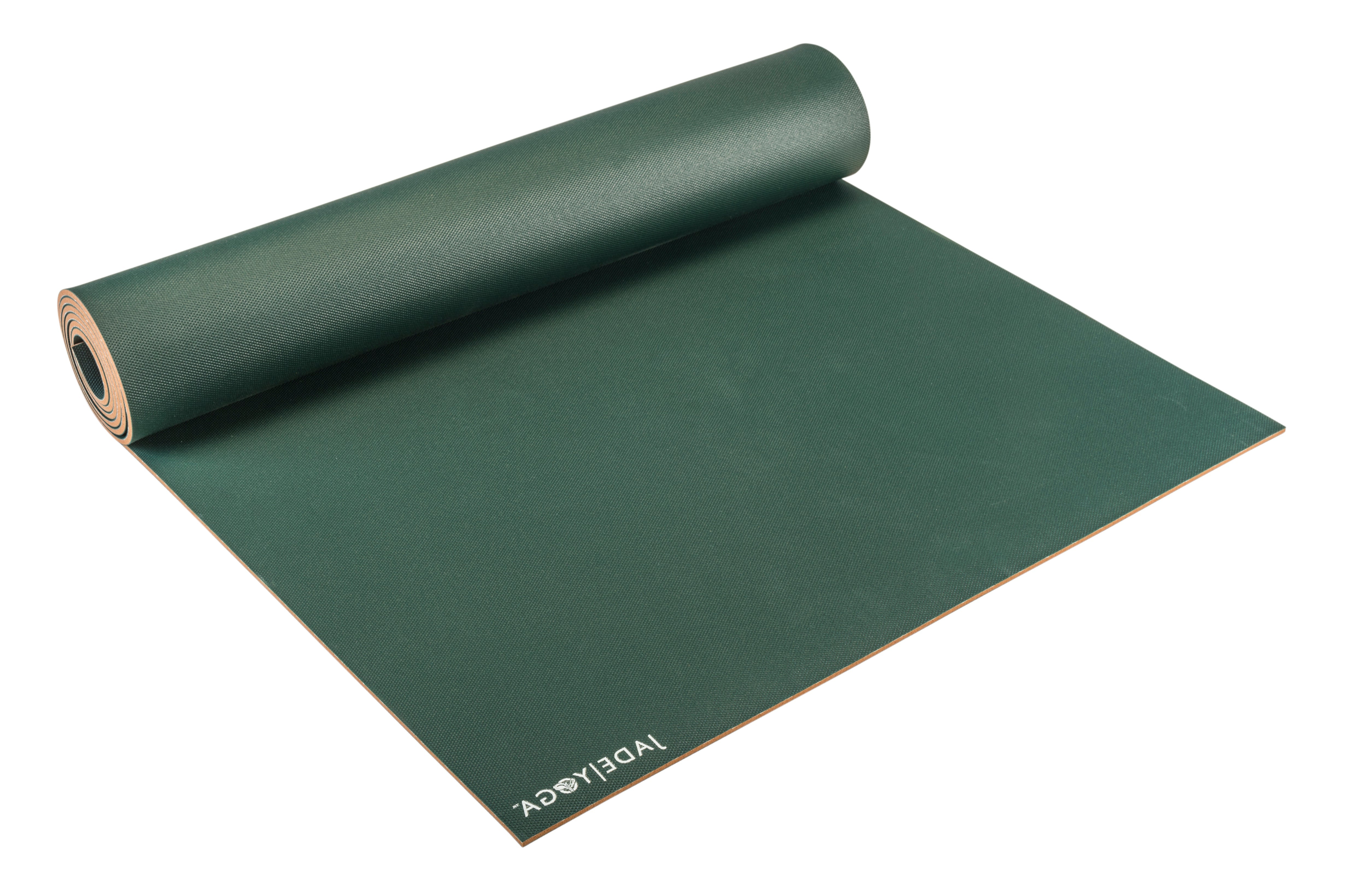 Green yoga mat with 'JADE YOGA' branding on a white background