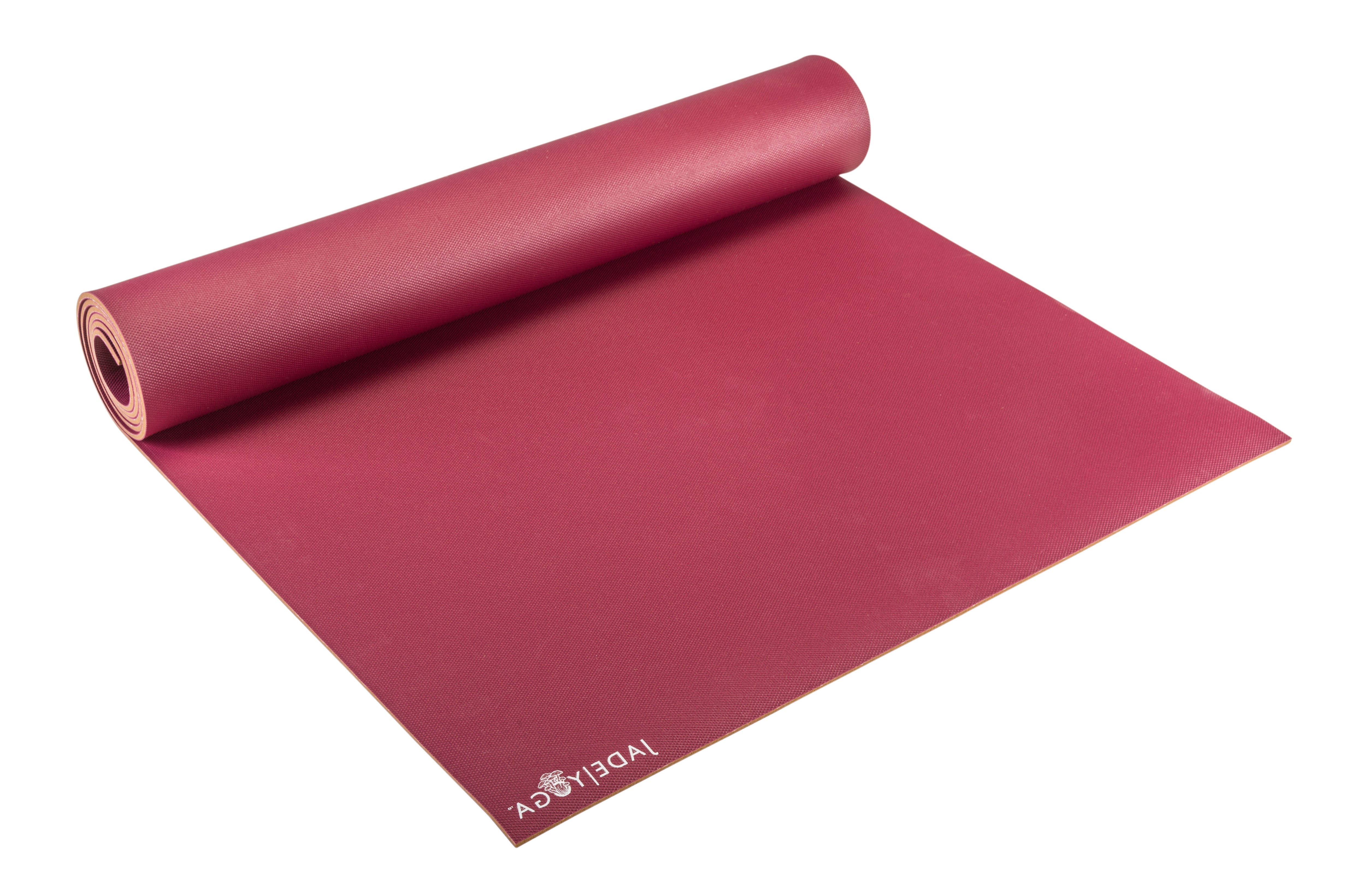Red yoga mat made from mushrooms with 'Jade Yoga' logo on a white background