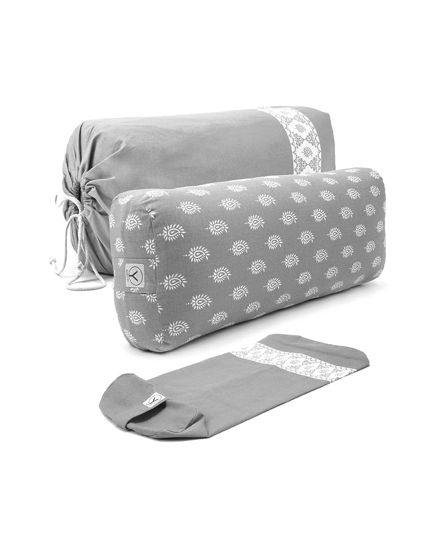 Gray travel pillow with white patterns on a white background