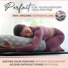 Woman using a yoga bolster with text about organic cotton filling and ease of use.