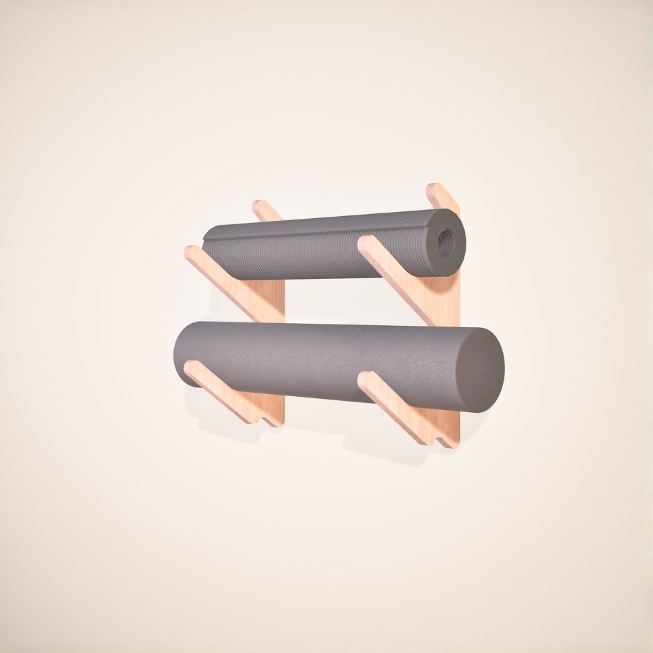 Wall-mounted shelf with two foam rollers on a light beige background