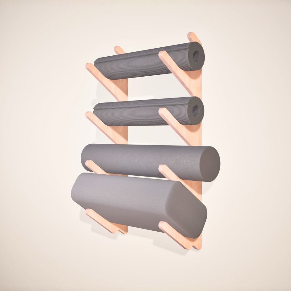 Wooden shelf with gray foam rollers and yoga mats on a beige background