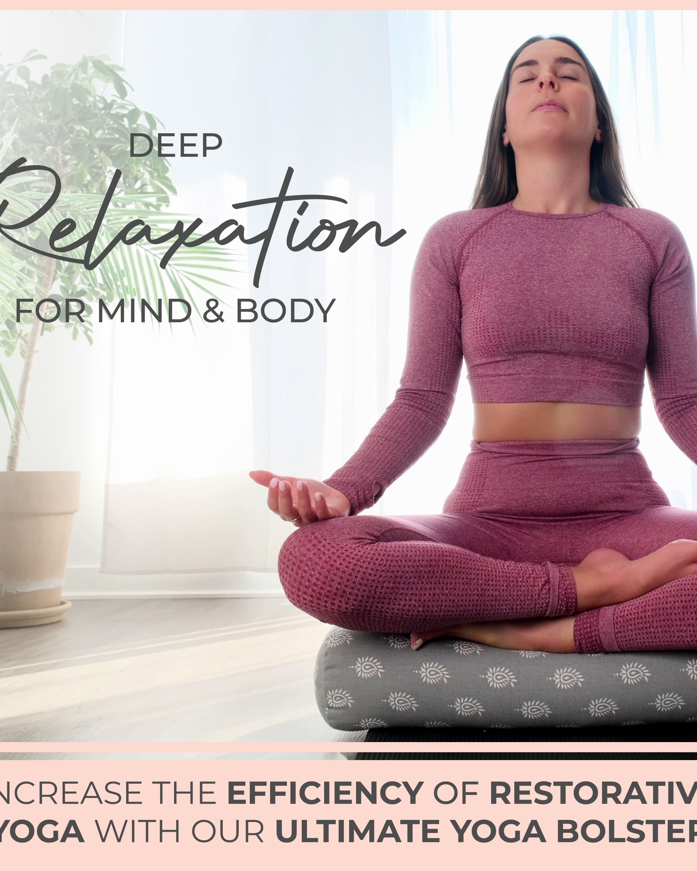 Woman in a purple outfit meditating on a yoga bolster with text about deep relaxation and restorative yoga.