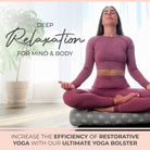 Woman in a purple outfit meditating on a yoga bolster with text about deep relaxation and restorative yoga.