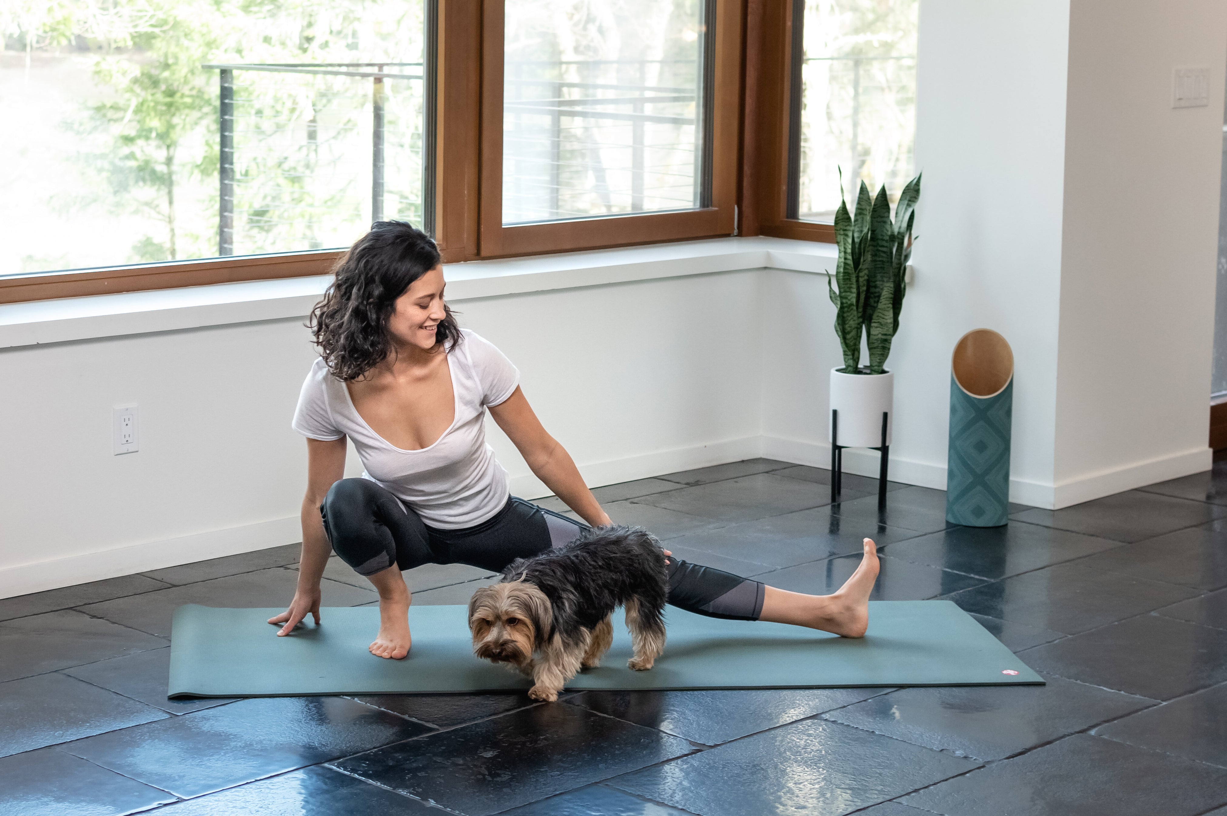 Woman practicing yoga at Cow Horn winery