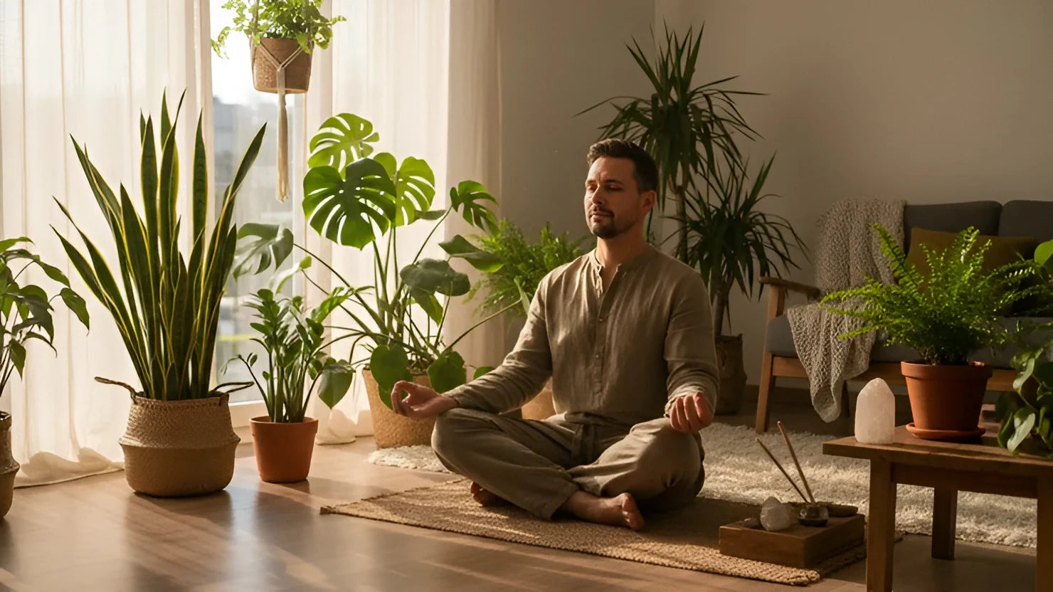 A Mache-inspired Zen Den with lush indoor plants, natural light, and a peaceful meditation corner for daily rituals. 