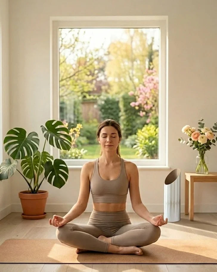 Yogi practicing yoga poses sitting on a Mache yoga mat made with eco-friendly materials like rubber and natural cork.