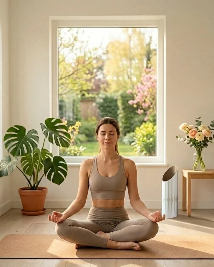 A woman meditates on a yoga mat in a bright, plant-filled room, creating a calming wellness space at home.