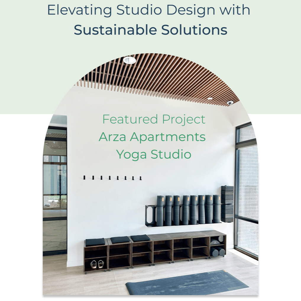 Yoga studio interior with sustainable design elements, featuring text about Arza Apartments and sustainable solutions.