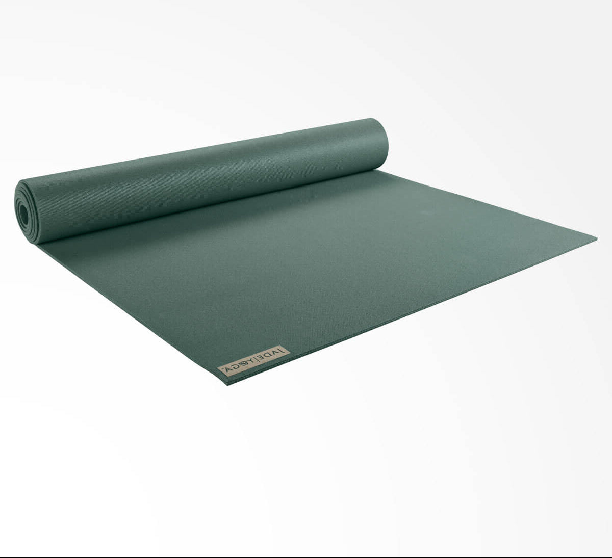 Jade green yoga mat with a brand logo on a white background
