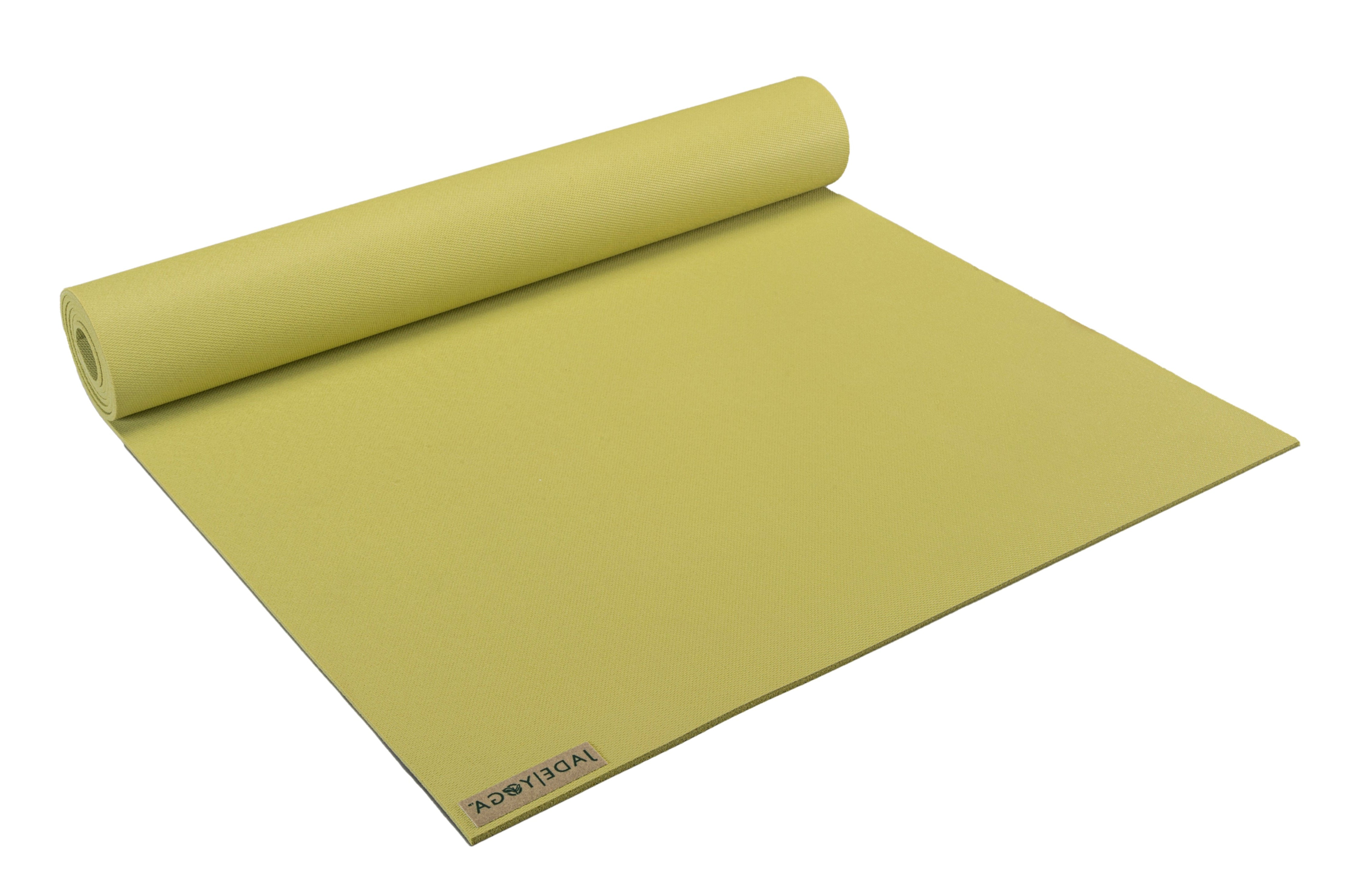 Yellow yoga mat with 'Jade' branding on a white background