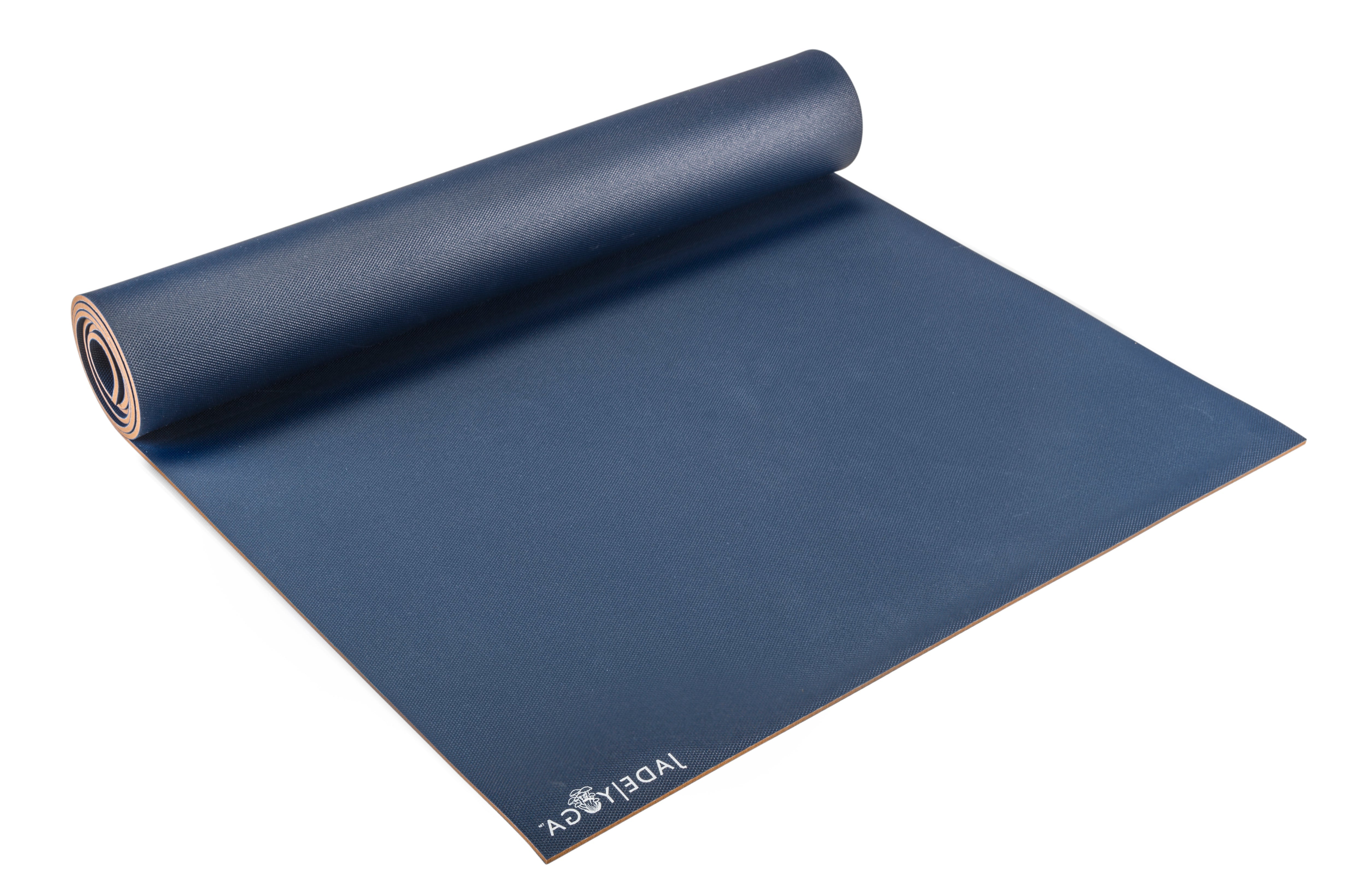 Blue yoga mat with 'Jade Yoga' branding on a white background