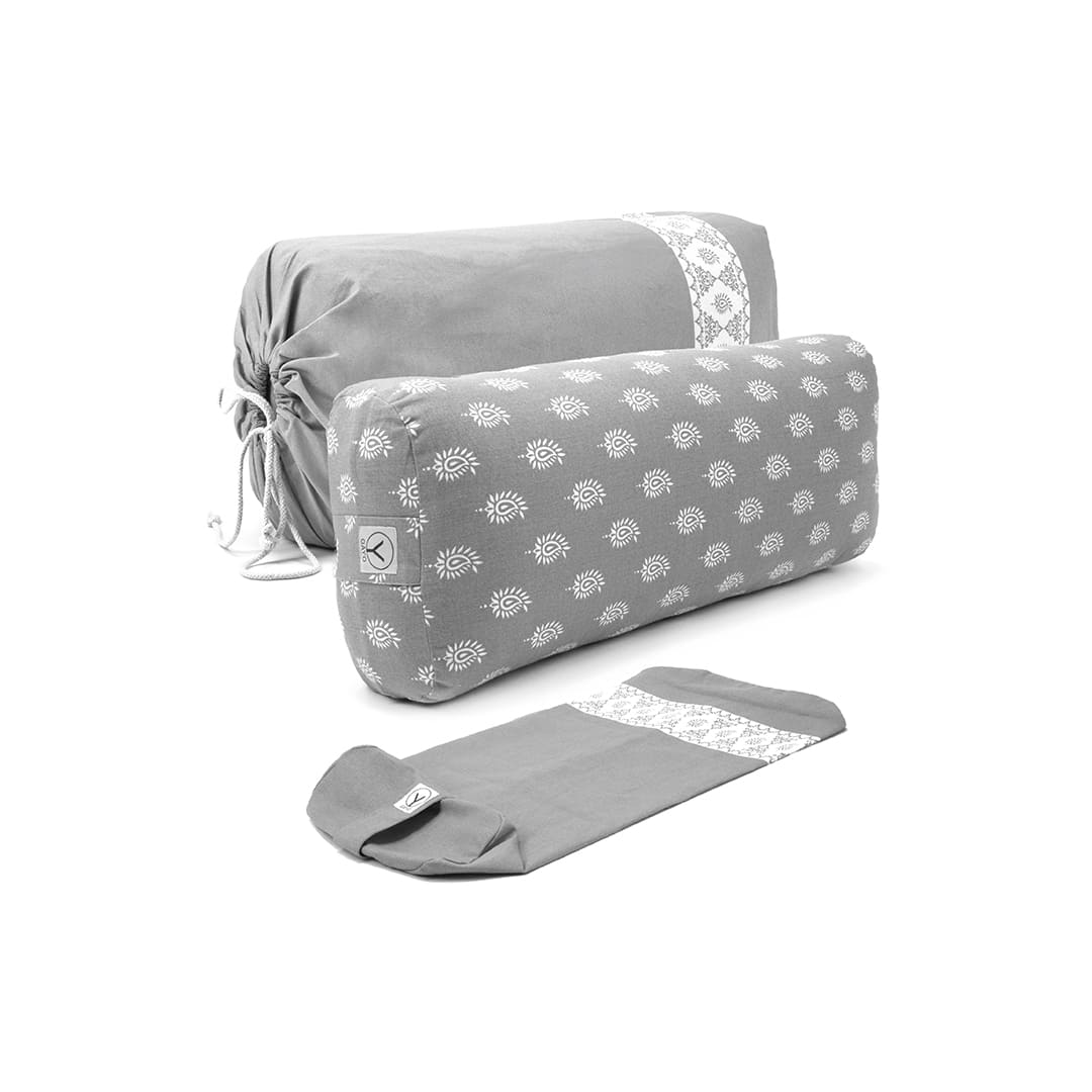 Gray travel pillow with white patterns on a white background