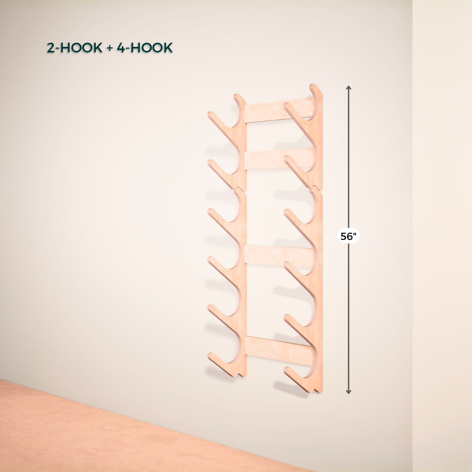 Wooden wall-mounted yoga rack with 2-hook and 4-hook options on a plain background