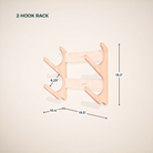 2-hook rack with measurements on a beige background