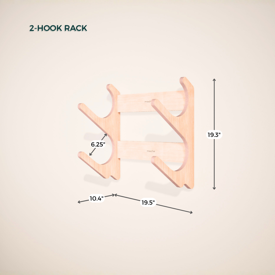 2-hook rack with measurements on a beige background