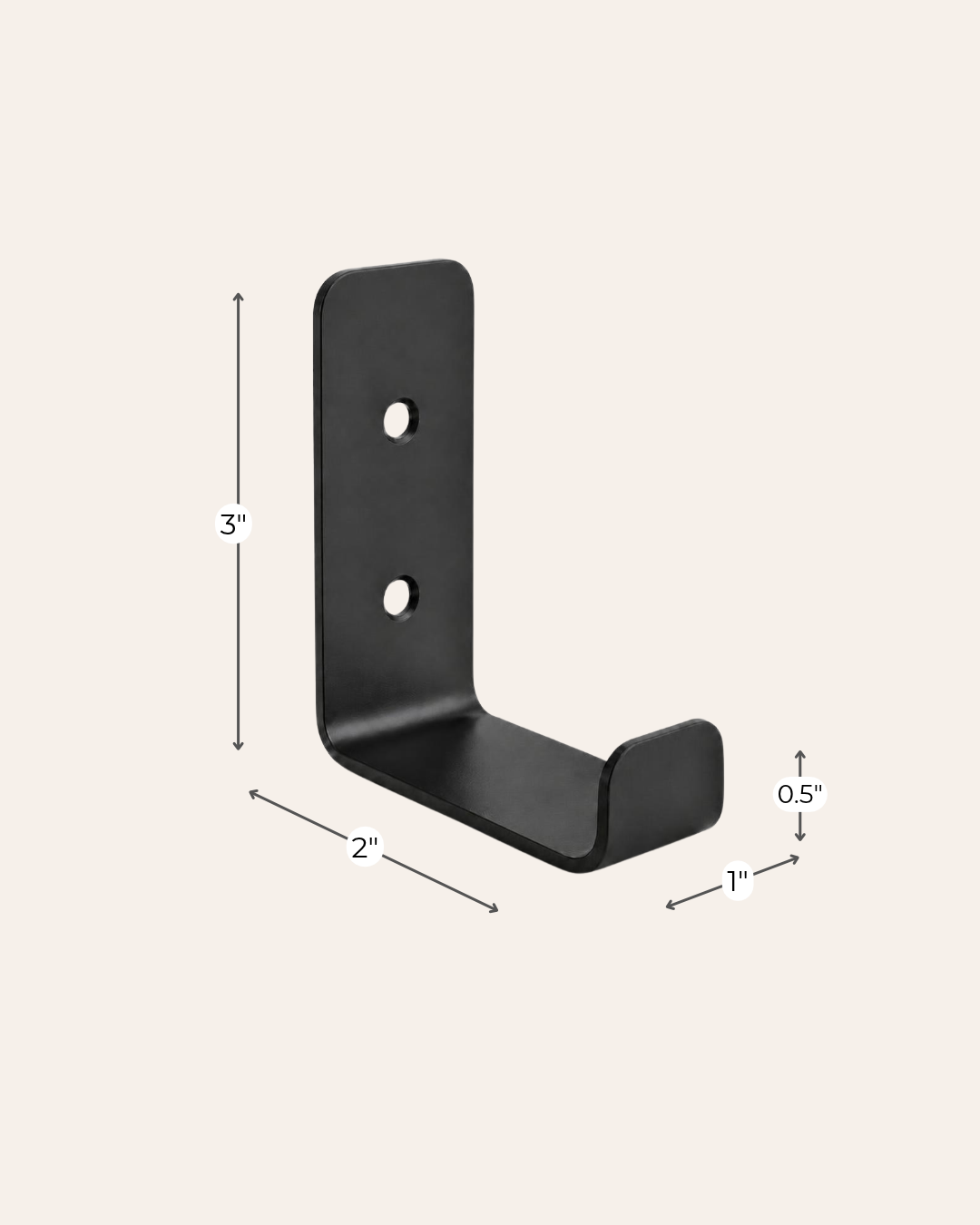 Black metal L-shaped wall hook shown with dimension callouts: 3 inches tall, 2 inches wide, 1 inch shelf depth, and a 0.5 inch thickness, on a light beige background.