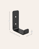 Black metal L-shaped wall hook shown with dimension callouts: 3 inches tall, 2 inches wide, 1 inch shelf depth, and a 0.5 inch thickness, on a light beige background.
