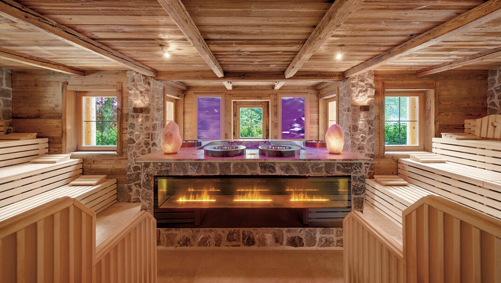 The stone and wood sauna room at a yoga retreat